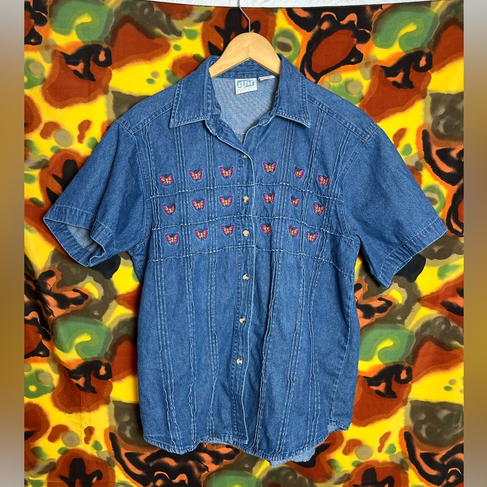 Vintage Denim Butterfly Womens Button Down Size Large